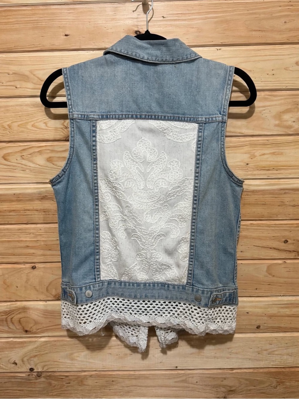 Sleeveless Light Blue Denim Vest with White Lace Back